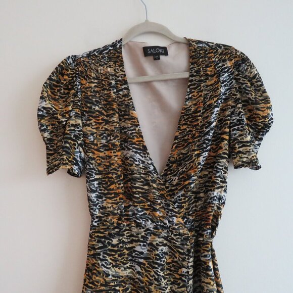 SALONI Lea 100% Silk Crepe Mini Wrap Dress in Ink Tiger Print - Size US 4 - Picture 4 of 16